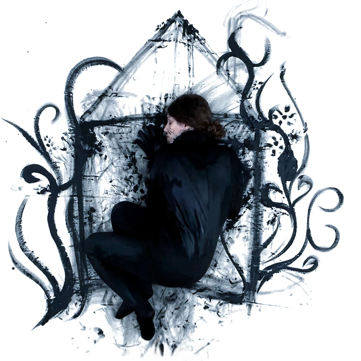 Figure curled inside a house-shaped ink drawing